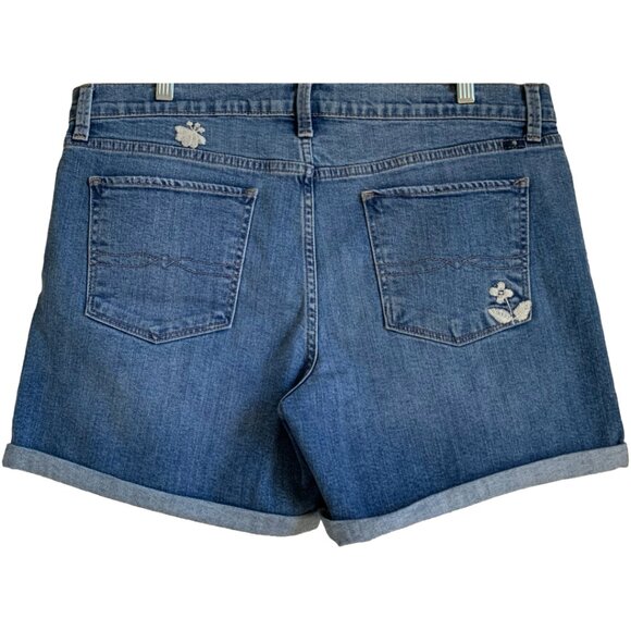 LUCKY BRAND Womens' Blue Palms Floral Embroidered Roll Up Denim Shorts Sz 14/32 - Picture 8 of 8